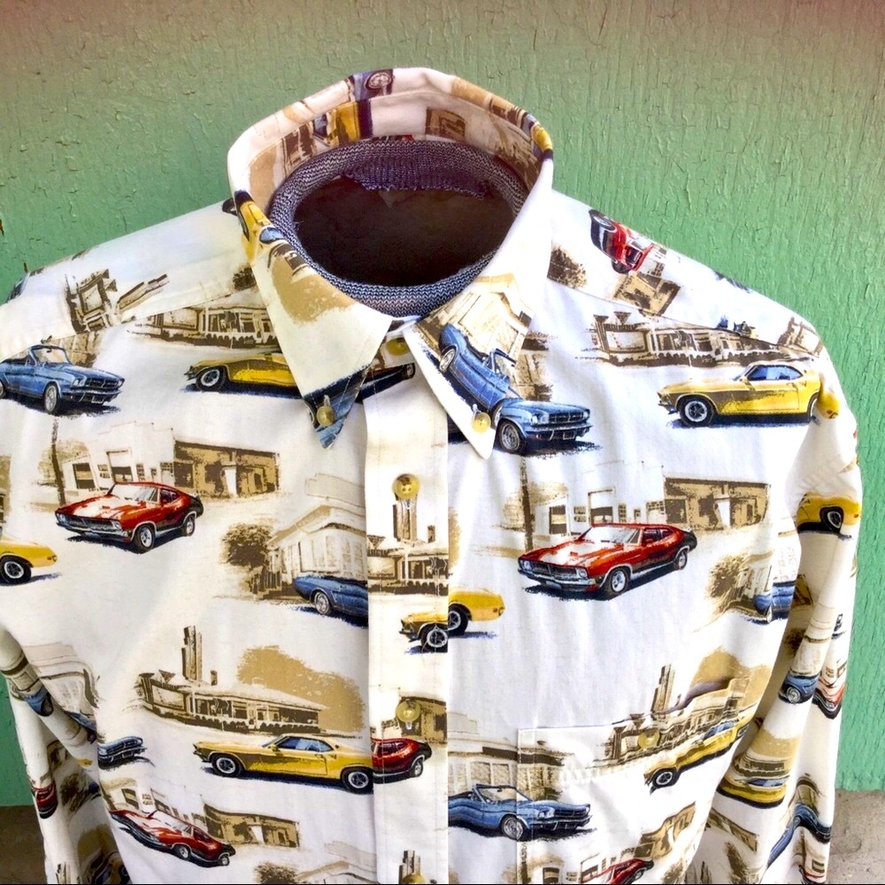 Classic Retro 1960s MUSCLE CARS Print Mens Vintage Shirt - Picture 1 of 4